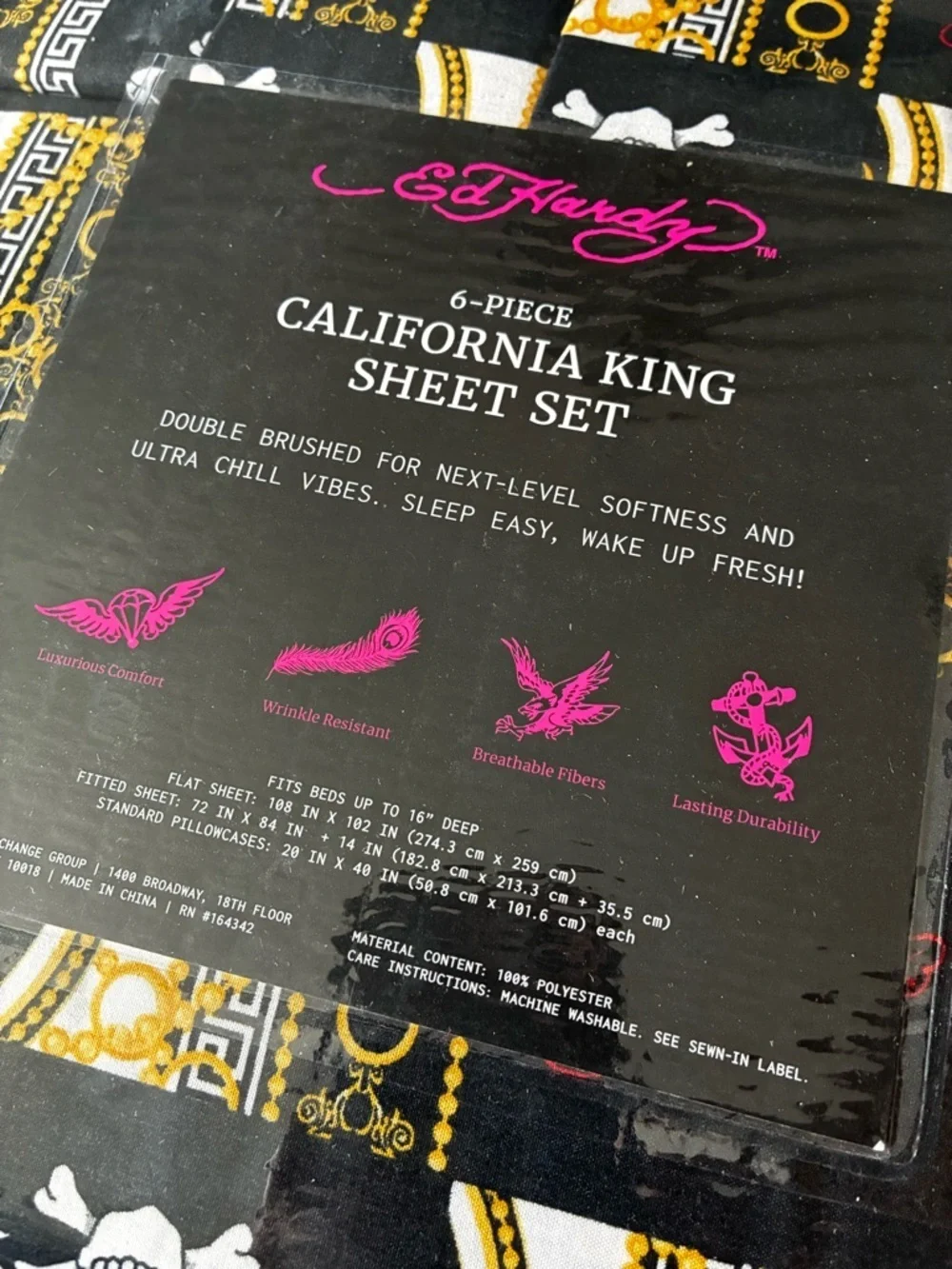 NWT Ed Hardy Cal King 6pc Sheet Set Love Kills Slowly Tiger Black Gold